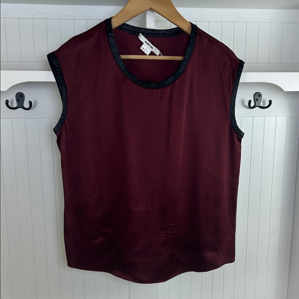 Helmut Lang Burgundy Leather Trim Sleeveless Top Minimalist Chic P